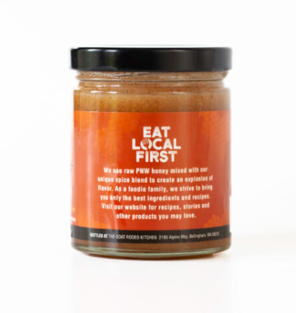 Jar of Hot Creamed Honey with the Eat Local First on the label