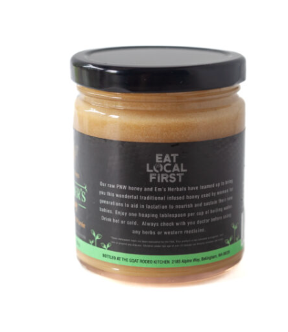 The back label of our Mother's Honey. It says Eat Local First. 